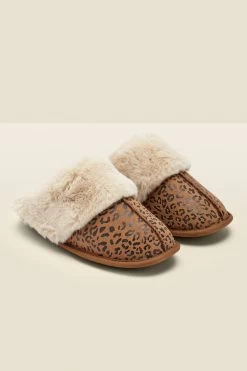Leopard Print Suede Mule Slippers With Faux Fur Lining