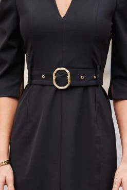 Black Ruched Shoulder Belted Pencil Dress -Trendora Shop web 01 adw079bk0001 16