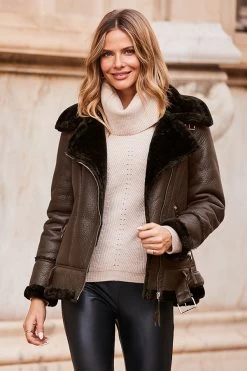 Chocolate Brown Faux Shearling Biker Jacket -Trendora Shop web 08 a19ol004gn000 afw047bk0001 155 chocolate rt