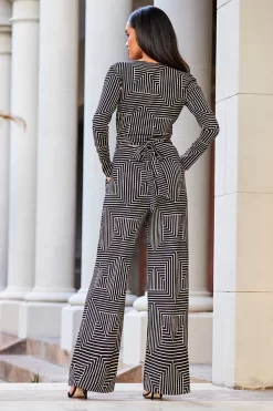 Black & White Geometric Print Wrap Front Wide Leg Jumpsuit With Pockets -Trendora Shop web 09 a20jj004nege01 132 rt