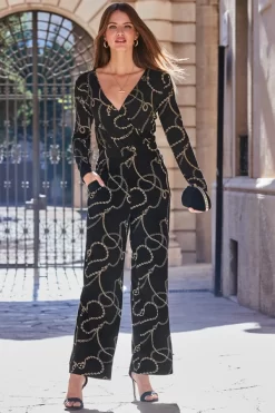 Black & Gold Chain Print Wrap Front Wide Leg Jumpsuit With Pockets -Trendora Shop web 100 a20jj004 045