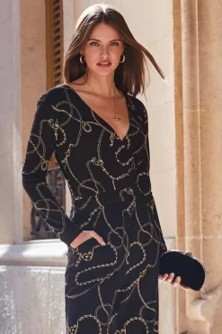 Black & Gold Chain Print Wrap Front Wide Leg Jumpsuit With Pockets -Trendora Shop web 100 a20jj004 107