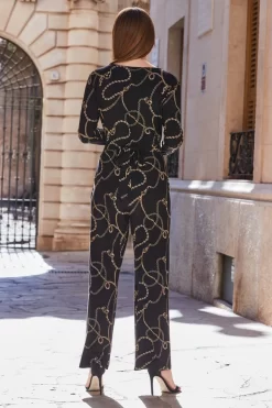 Black & Gold Chain Print Wrap Front Wide Leg Jumpsuit With Pockets -Trendora Shop web 100 a20jj004 141