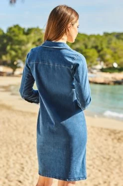 Mid Blue Denim Button Front Shift Dress -Trendora Shop web 100 s22dd020be0010 144