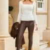 Chocolate Brown Leather Look Seam Detail Premium Leggings