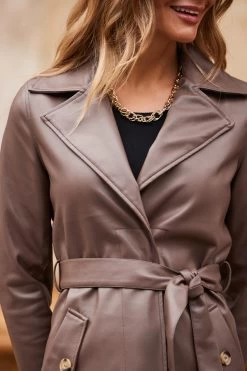 Mocha Brown Faux Leather Belted Trench Coat -Trendora Shop web 10 aop007be0040 a19tk090bk0001 341