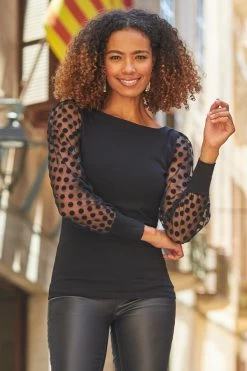 Black Polka Dot Mesh Sleeve Detail Jersey Top