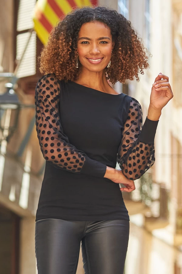 Black Polka Dot Mesh Sleeve Detail Jersey Top 1 Black Polka Dot Mesh Sleeve Detail Jersey Top