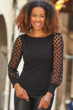 Black Polka Dot Mesh Sleeve Detail Jersey Top 10 Black Polka Dot Mesh Sleeve Detail Jersey Top -Trendora Shop web 111 a22tj057bk0001 074
