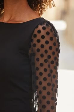 Black Polka Dot Mesh Sleeve Detail Jersey Top 13 Black Polka Dot Mesh Sleeve Detail Jersey Top -Trendora Shop web 111 a22tj057bk0001 200