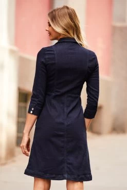 Dark Indigo Popper Front 3/4 Sleeve Stretch Denim Dress -Trendora Shop web 115 s19ds142io 166