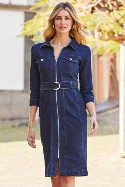 Dark Indigo Zip Front Belted Denim Dress -Trendora Shop web 11 s22dd005io 080 rt