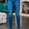 Mid Blue Button Detail Hem Jeggings