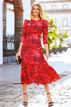 Red Animal Print Ruffle Hem Fit & Flare Midi Dress