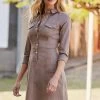 Mocha Popper Front 3/4 Sleeve Stretch Denim Dress