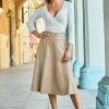 Ecru Leather Look Panelled A-Line Midi Skirt