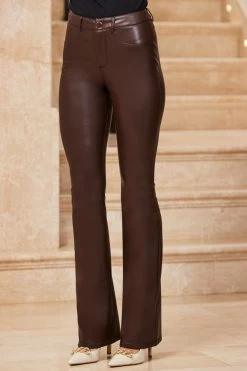 Chocolate Brown Faux Leather Button Front Kick Flare Trousers -Trendora Shop web 13 s23tk905mc0003 120