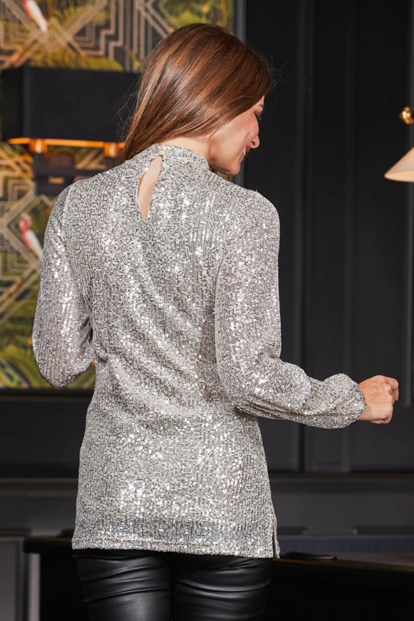 Champagne Gold Sequin Keyhole Detail Tunic Top 3 Champagne Gold Sequin Keyhole Detail Tunic Top - Image 3