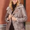 Mocha Faux Shearling Biker Jacket