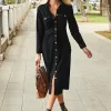 Black Denim Button Front Midi Dress