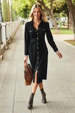 Black Denim Button Front Midi Dress