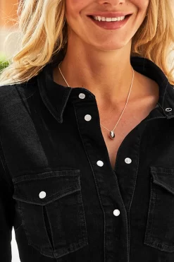 Black Popper Front Denim Shirt Dress -Trendora Shop web 19 a21dd002 130 rt