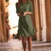 Khaki Green & Black Spot Print Ruffle Hem Shift Dress