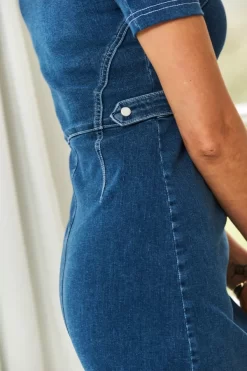 Indigo Blue Short Sleeve Round Neck Zip Front Denim Dress -Trendora Shop web 210302 sosandar hatfield 17 s21dd035in 07329