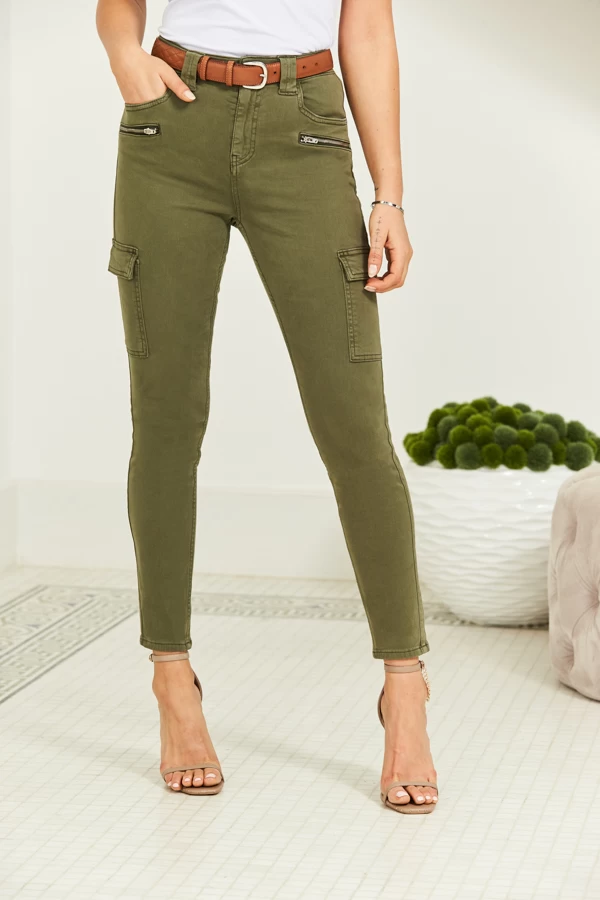 Khaki Green Zip Detail Cargo Skinny Jeans 3 Khaki Green Zip Detail Cargo Skinny Jeans - Image 3