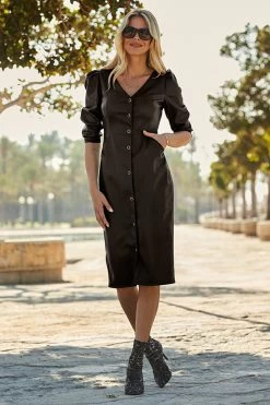 Black Faux Leather Popper Front Pencil Dress