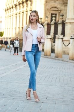 Soft Pink Leather Biker Jacket -Trendora Shop web 220401 sosandar day554956