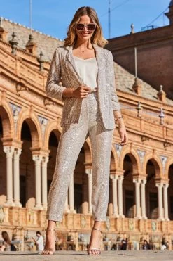 Champagne Gold Sequin Tapered Trousers -Trendora Shop web 2303 16 a22bw014cm0003 16 0163