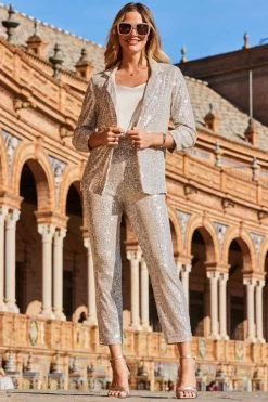 Champagne Gold Sequin Tapered Trousers -Trendora Shop web 2303 16 a22bw014cm0003 a20ow051nl0001 0155 1