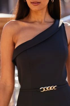 Black Premium One Shoulder Jersey Dress With Gold Chain Detail -Trendora Shop web 2303 18 s23dj042bk0001 18 181
