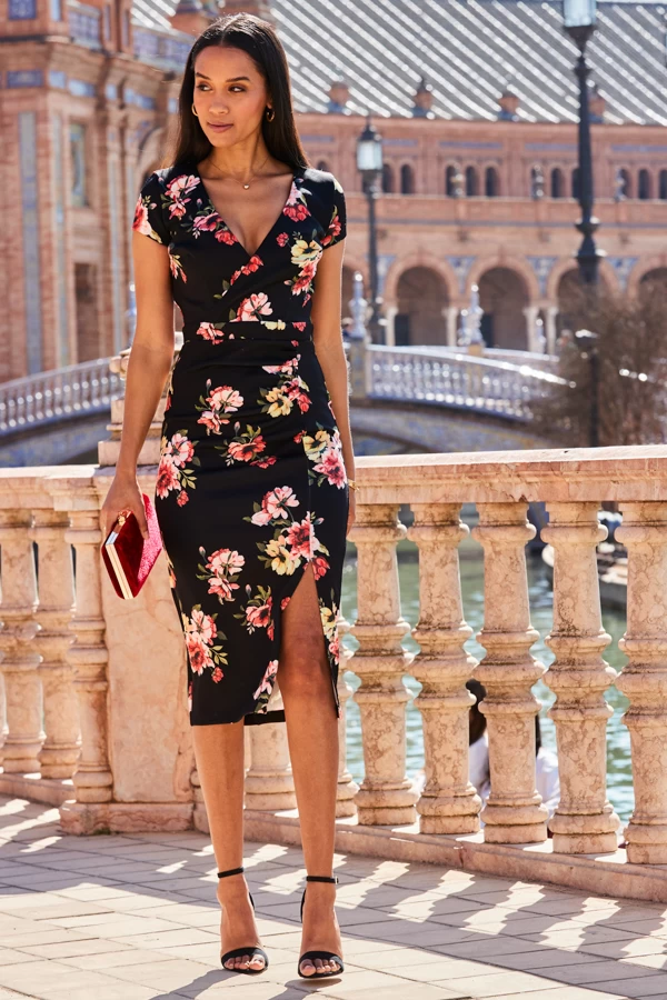 Black Floral Print Faux Wrap Midi Jersey Dress 2 Black Floral Print Faux Wrap Midi Jersey Dress - Image 2