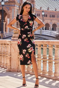 Black Floral Print Faux Wrap Midi Jersey Dress 9 Black Floral Print Faux Wrap Midi Jersey Dress -Trendora Shop web 2303 21 s23dj138bkfl01 21 0121