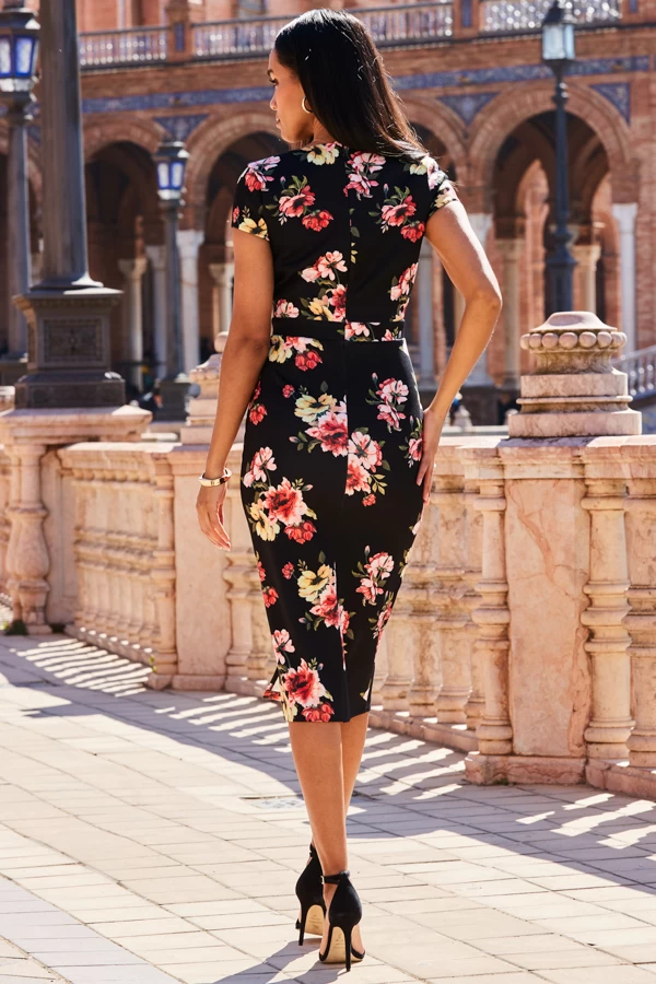 Black Floral Print Faux Wrap Midi Jersey Dress 5 Black Floral Print Faux Wrap Midi Jersey Dress - Image 5
