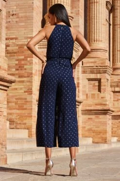 Navy Blue & Gold Spot Print Halter Neck Jumpsuit 7 Navy Blue & Gold Spot Print Halter Neck Jumpsuit -Trendora Shop web 2303 27 s23jw024nasp01 27 0199 1