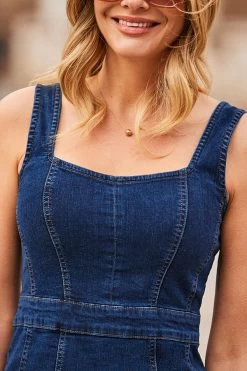 Dark Indigo Sculpting Detail Denim Pencil Dress -Trendora Shop web 2303 33 s23dd023io003w 248 rt