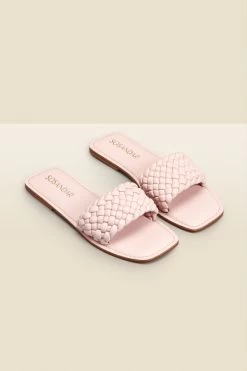 Lilou Pale Pink Woven Leather Square Toe Flat Sandals