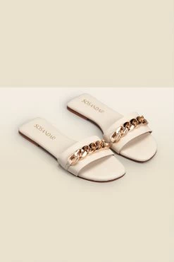 Paradiso Ecru Chain Detail Flat Leather Mule Sandals