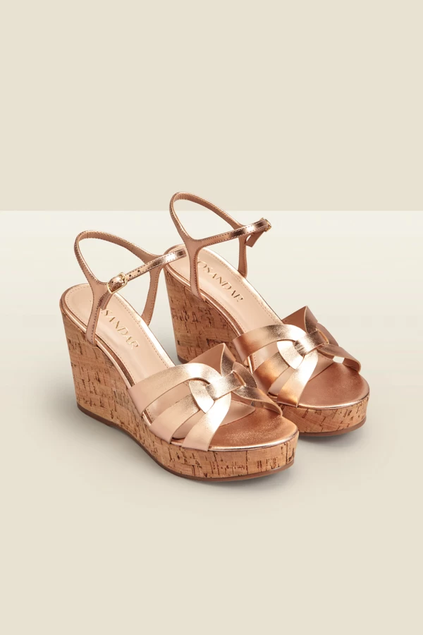 Leia Rose Gold Cross Vamp Leather Cork Wedge Sandal 3 Leia Rose Gold Cross Vamp Leather Cork Wedge Sandal - Image 3