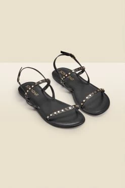 Senorita Black Leather Stud Detail Strappy Flat Sandals