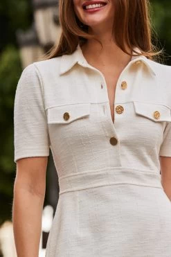 Ecru Boucle Shift Jersey Dress With Gold Button Detail -Trendora Shop web 2304 18 s23dj095nl0003 18 250