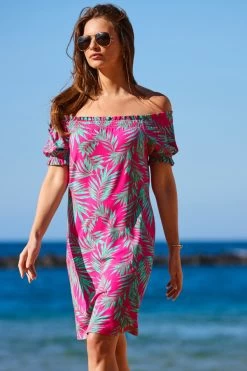 Pink Palm Print Bardot Shirred Detail Shift Jersey Dress -Trendora Shop web 2304 96 s23dj120pkwe03 96 022
