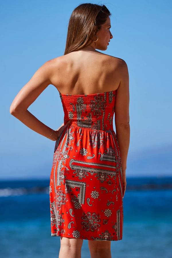 Red Scarf Print Bandeau Sun Jersey Dress 5 Red Scarf Print Bandeau Sun Jersey Dress - Image 5