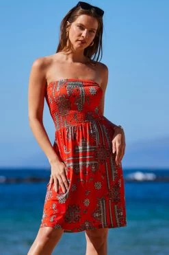 Red Scarf Print Bandeau Sun Jersey Dress