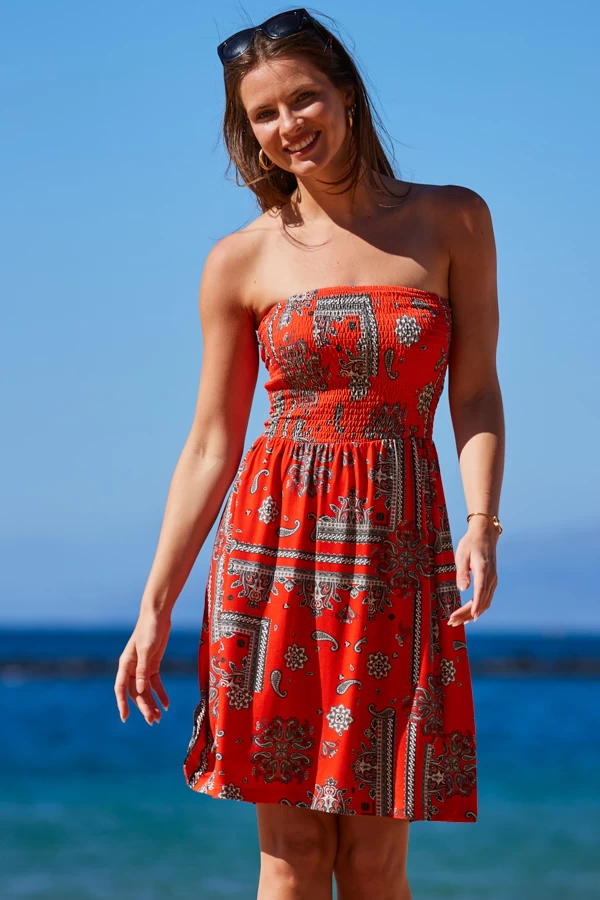 Red Scarf Print Bandeau Sun Jersey Dress 4 Red Scarf Print Bandeau Sun Jersey Dress - Image 4