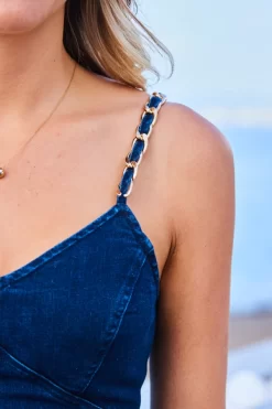 Dark Indigo Chain Strap Denim Pencil Dress -Trendora Shop web 2305 46 s23dd052io003w 46 357