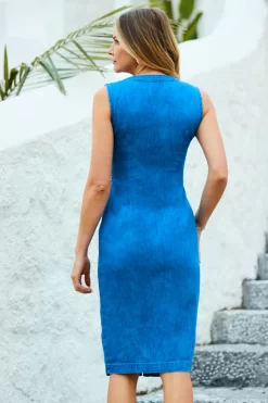 Mid Blue Sleeveless Button Front Ruched Waist Denim Dress -Trendora Shop web 2305 49 s23d049be0010 49 188